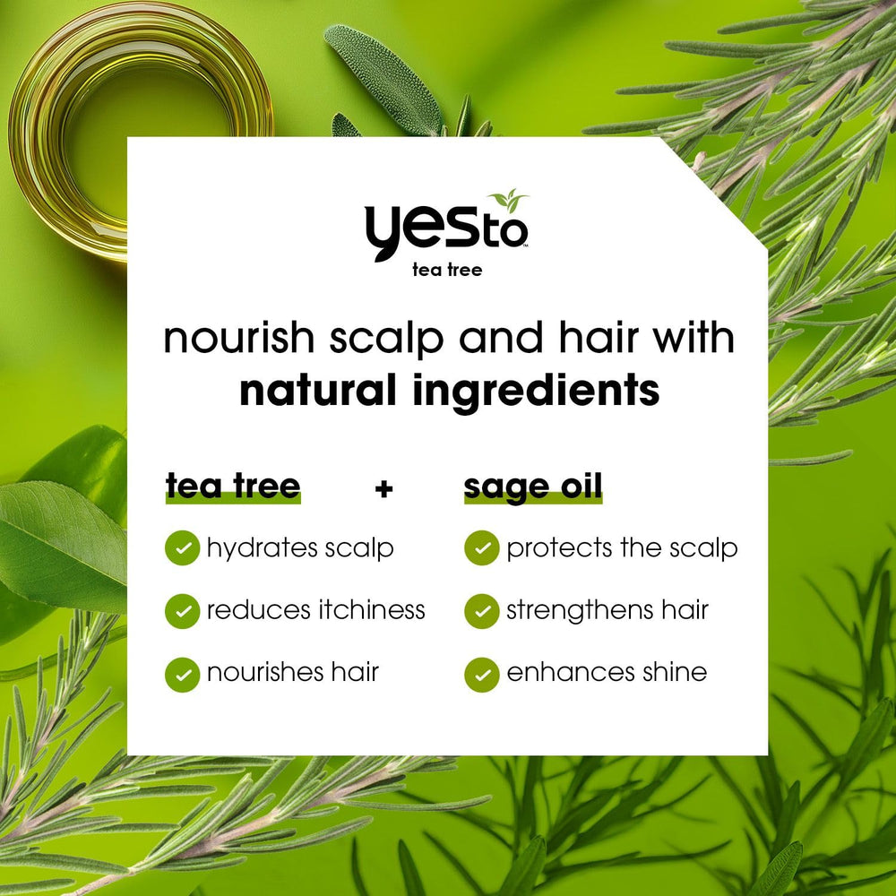 Yes To Tea Tree Scalp Relief Conditioner, empaque cerca, ingredientes naturales para cuidado diario