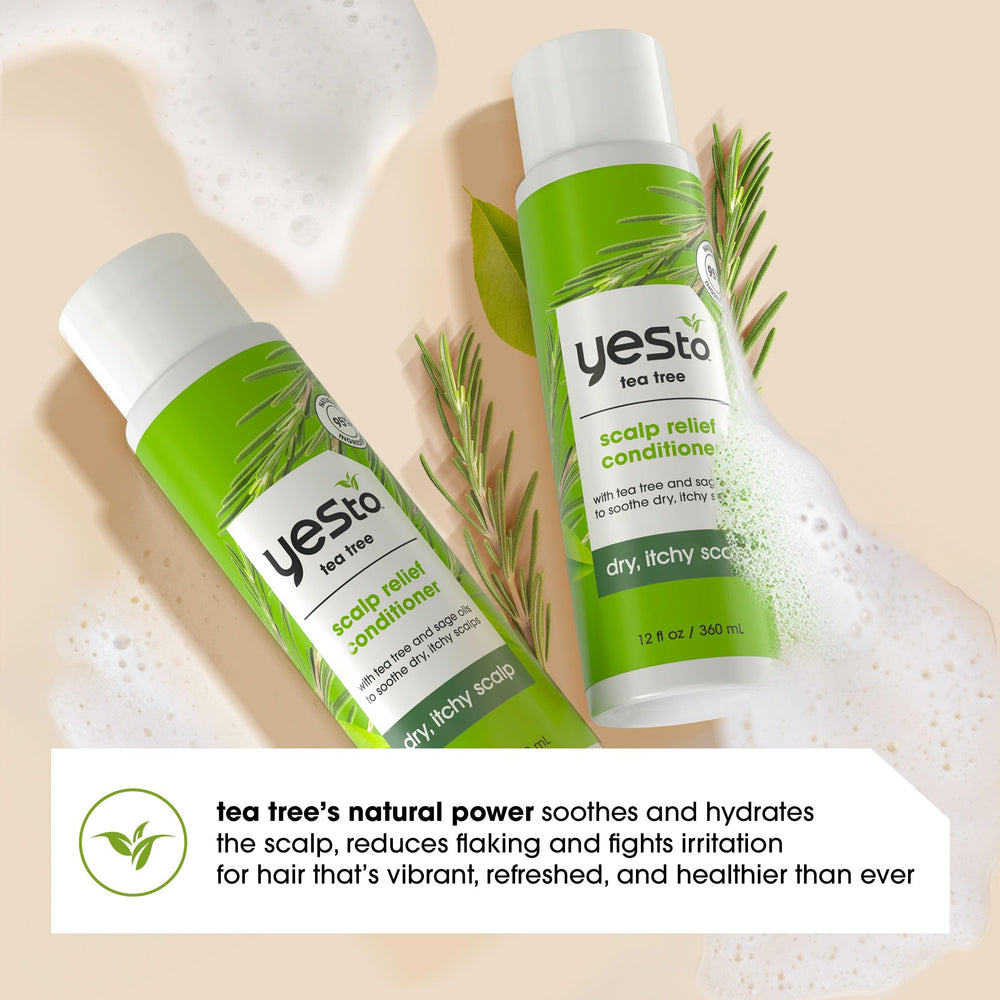 Yes To Tea Tree Scalp Relief Conditioner, masaje en cuero cabelludo, sensación de alivio y frescura