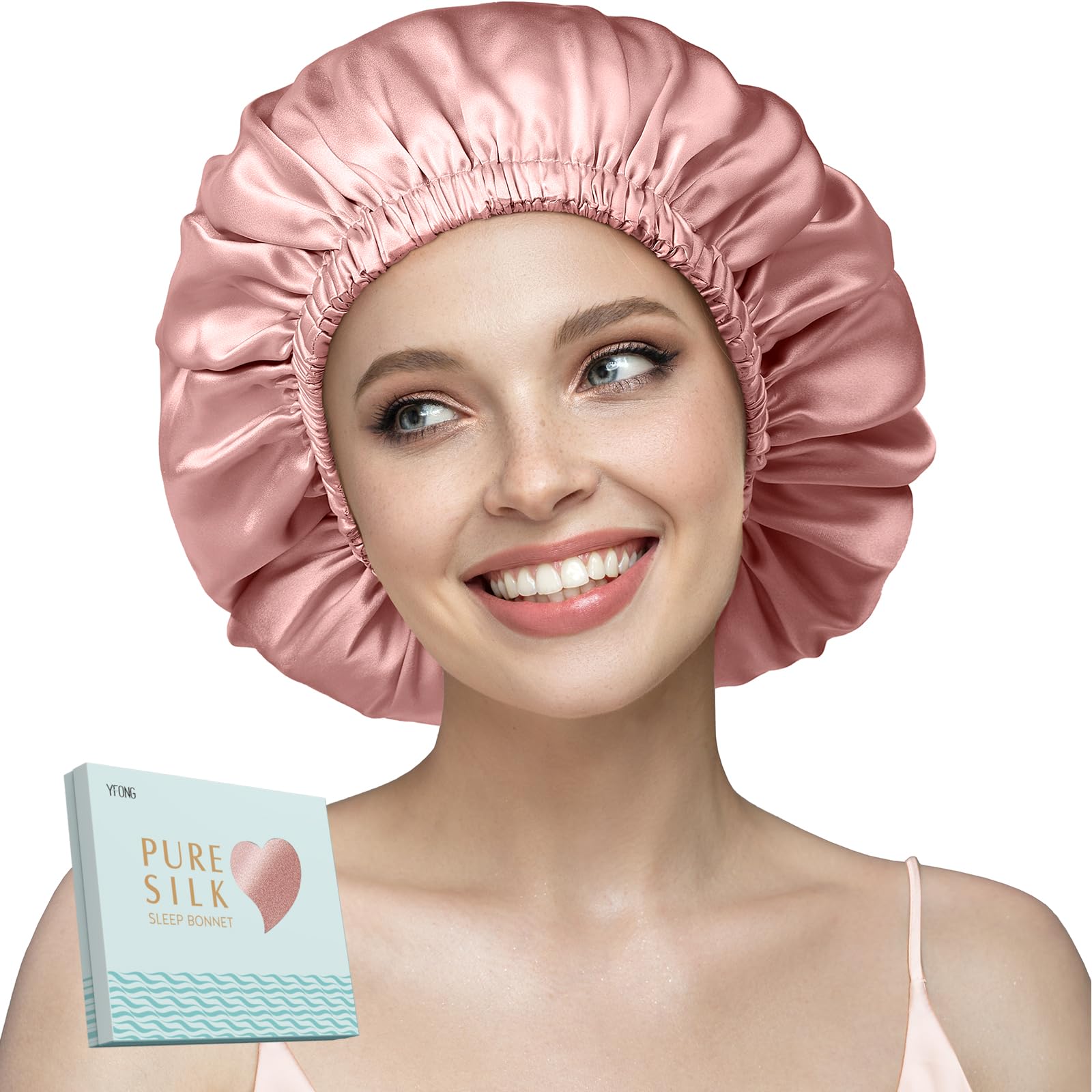 Bonete de seda YFONG de doble capa rosa 22momme para cabello suave durante la noche