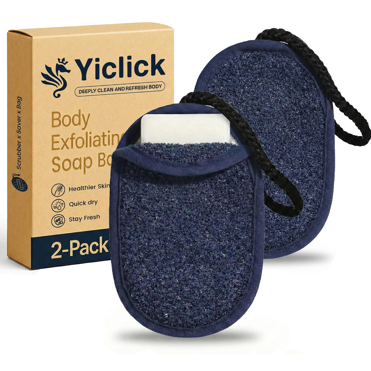 Yiclick bolsa exfoliante azul, frente, para exfoliación suave en la ducha