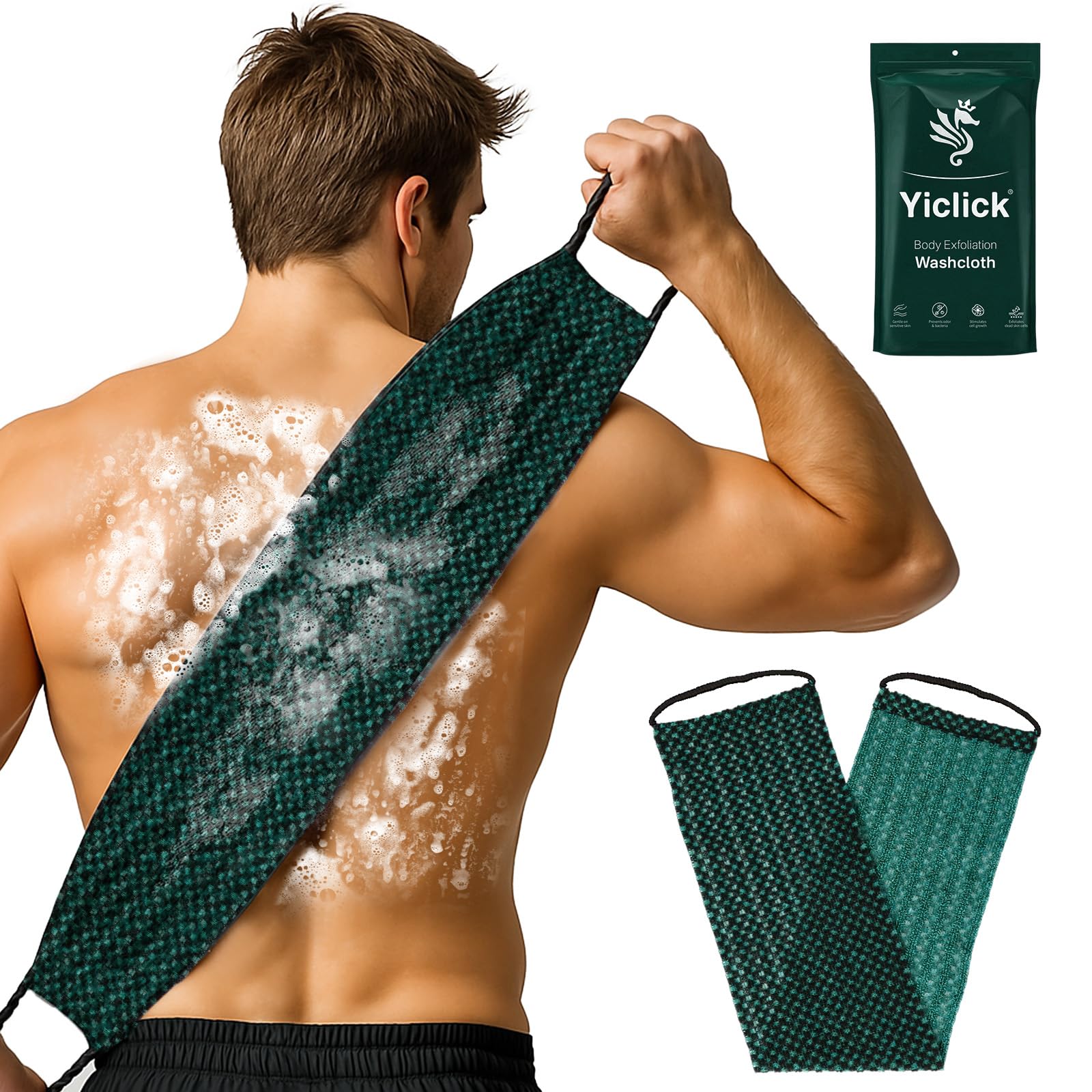 Toalla exfoliante Yiclick con frente de textura áspera para exfoliar la piel.