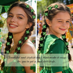 Barrettes YISSION con trébol verde y brillo para peinados festivos.