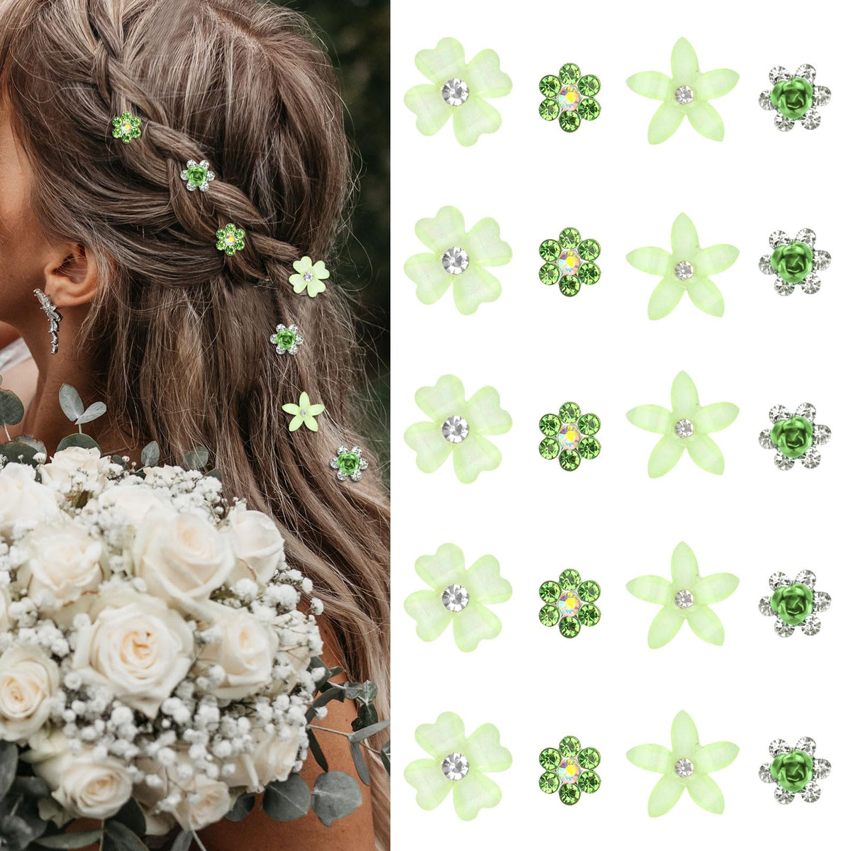 YISSION flor verde corazon-petalo: realza peinados con brillo suave.