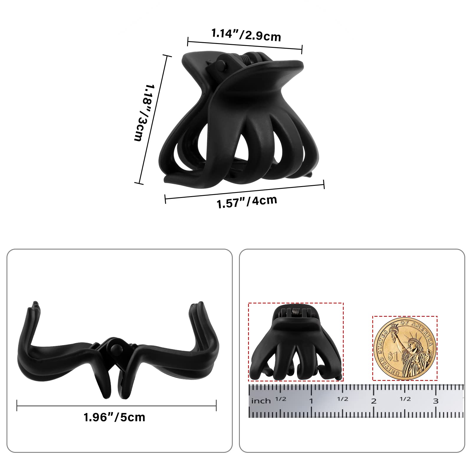 Detalle de la pinza pulpo negra de 4 cm para peinado.