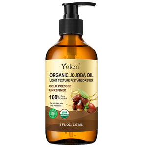 Yoken Aceite de jojoba en botella ámbar conserva pureza y beneficios.
