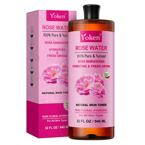 Yoken agua de rosas en botella ambar preserva la frescura para uso diario.