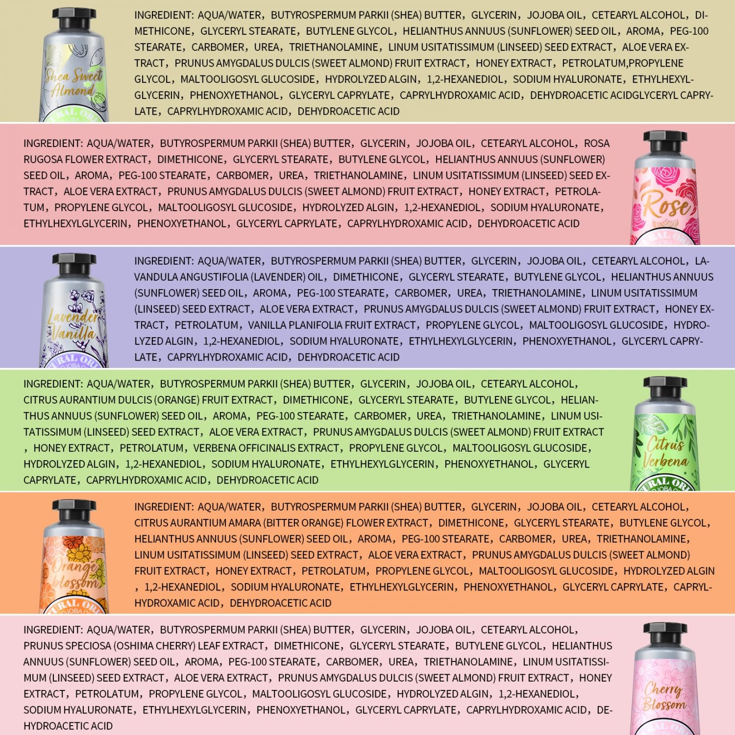 Crema de manos Yoken cerezo, aroma floral suave.