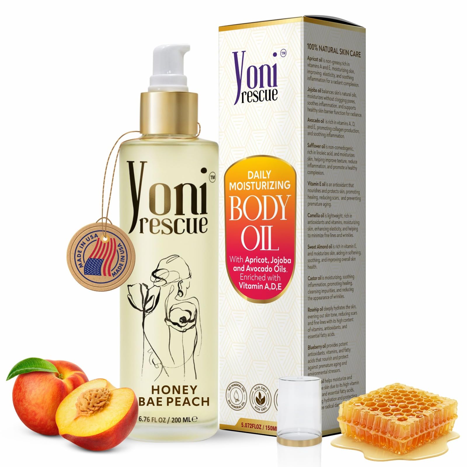 Yoni Rescue aceite corporal tras ducha en frasco, hidratación profunda para piel suave.