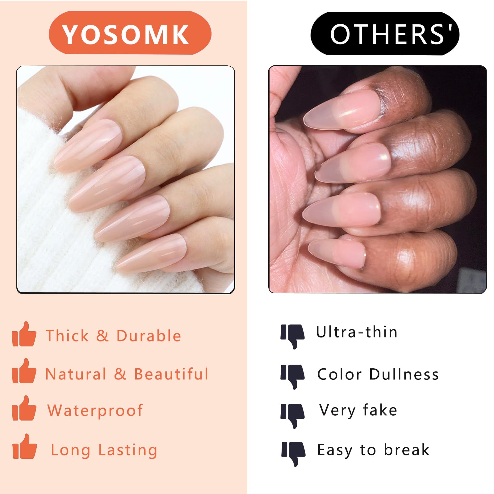 Varias tallas YOSOMK permiten ajustar cada uña para un acabado natural.
