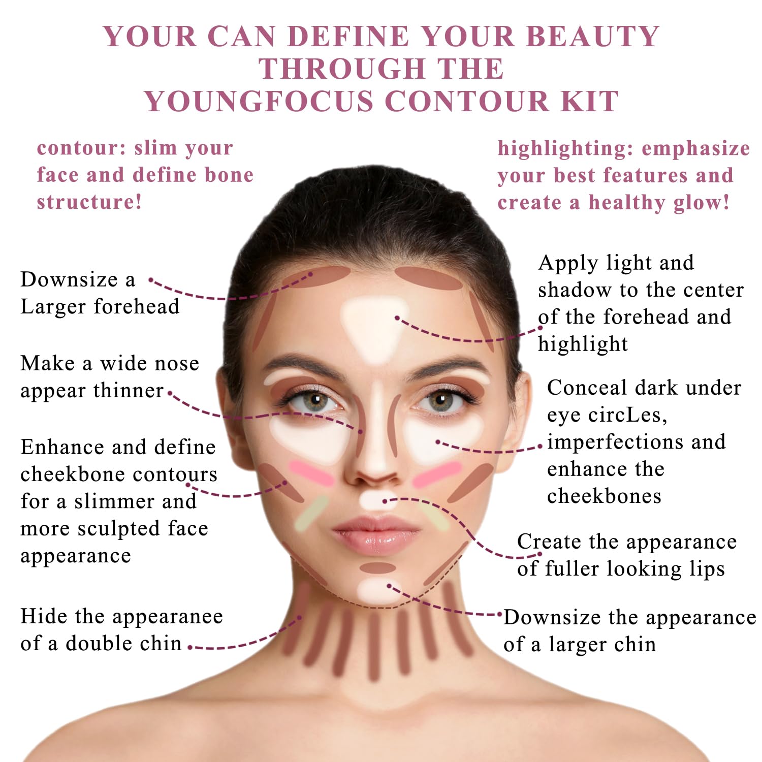 Youngfocus paleta contorno crema, iluminadores para un brillo sutil y duradero.