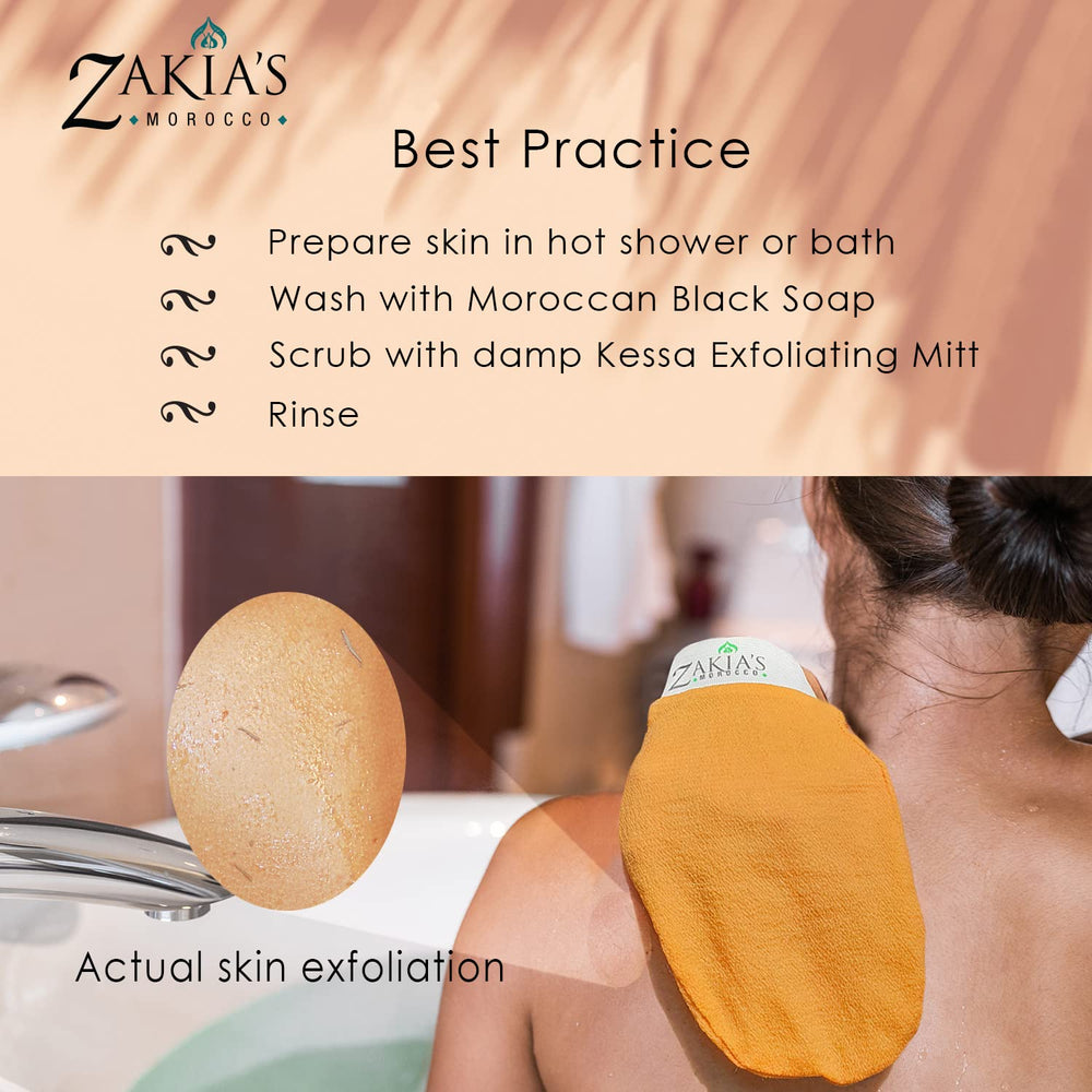Zakia's Morocco Kessa Glove uso ducha, listo para exfoliar en cada sesión