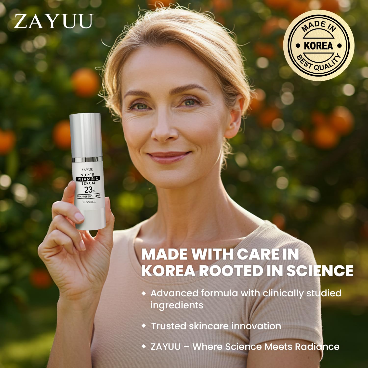 Sérum ZAYUU Vitamina C 23% envase compacto, ideal para viajar.