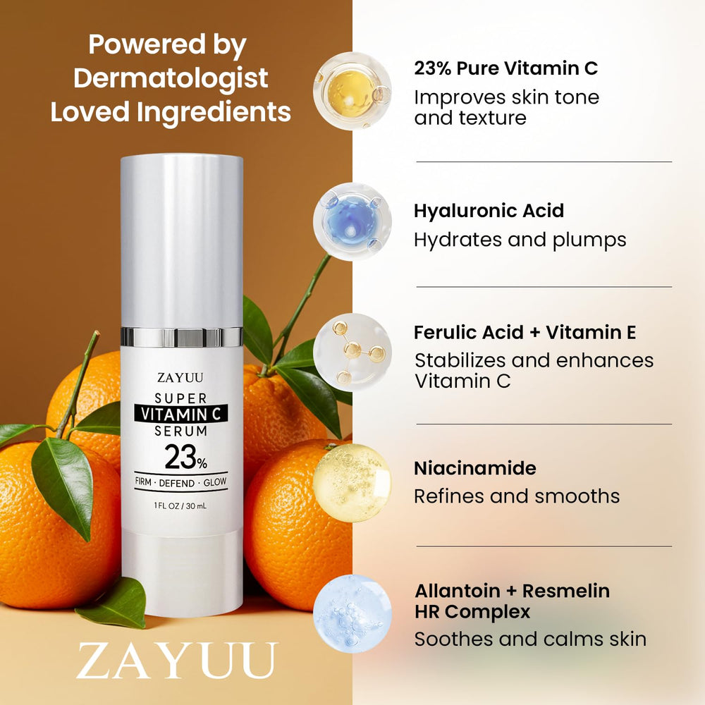 Sérum ZAYUU Vitamina C 23% con ácido hialurónico para hidratación profunda.