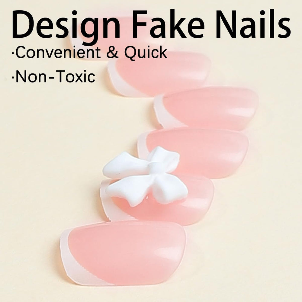 Diseño lazo blanco en uñas postizas ZDIWOO para un toque elegante