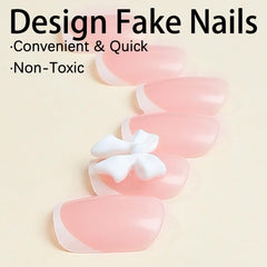 Diseño lazo blanco en uñas postizas ZDIWOO para un toque elegante