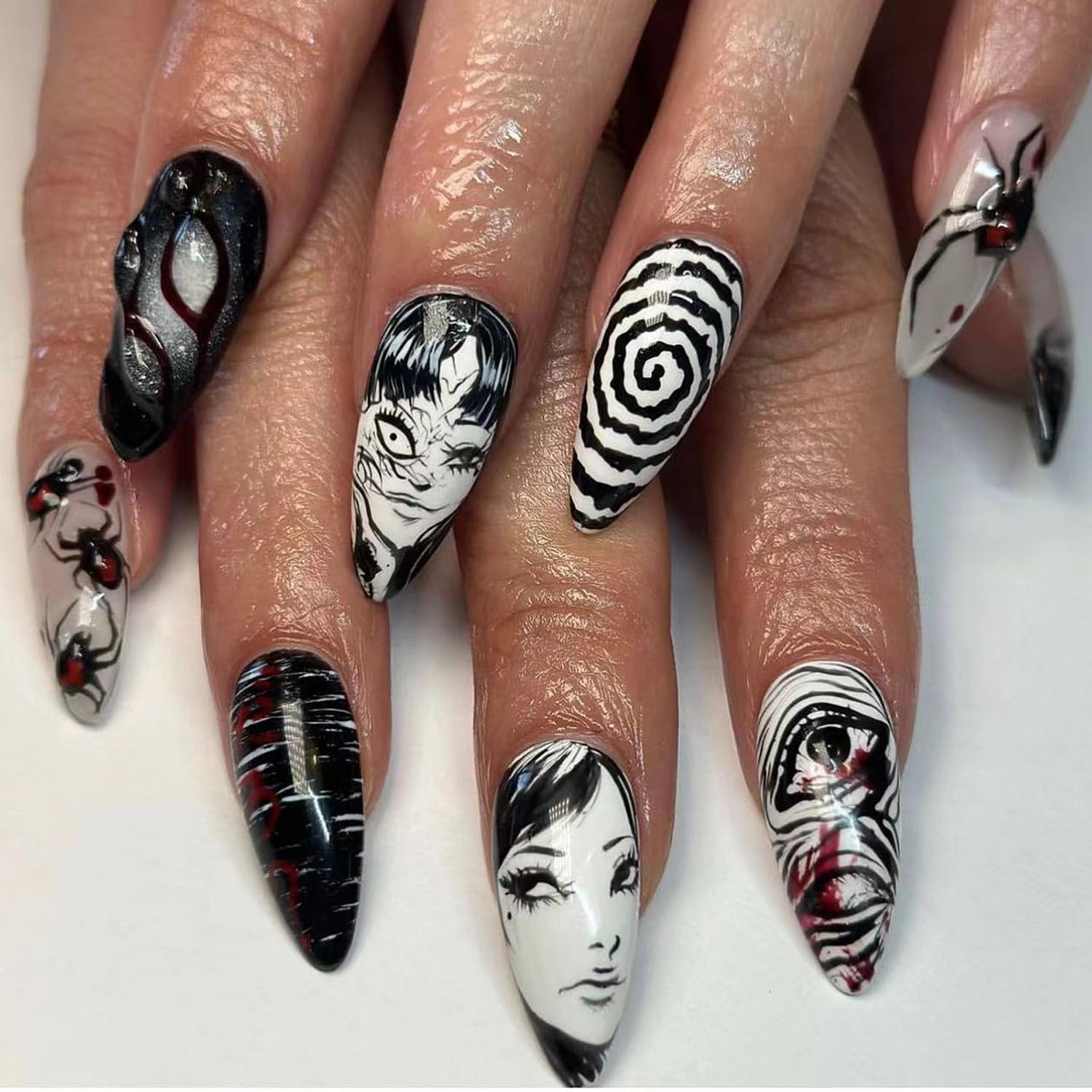 Uñas postizas ZDIWOO góticas en forma almendra, listas para manicura rápida.