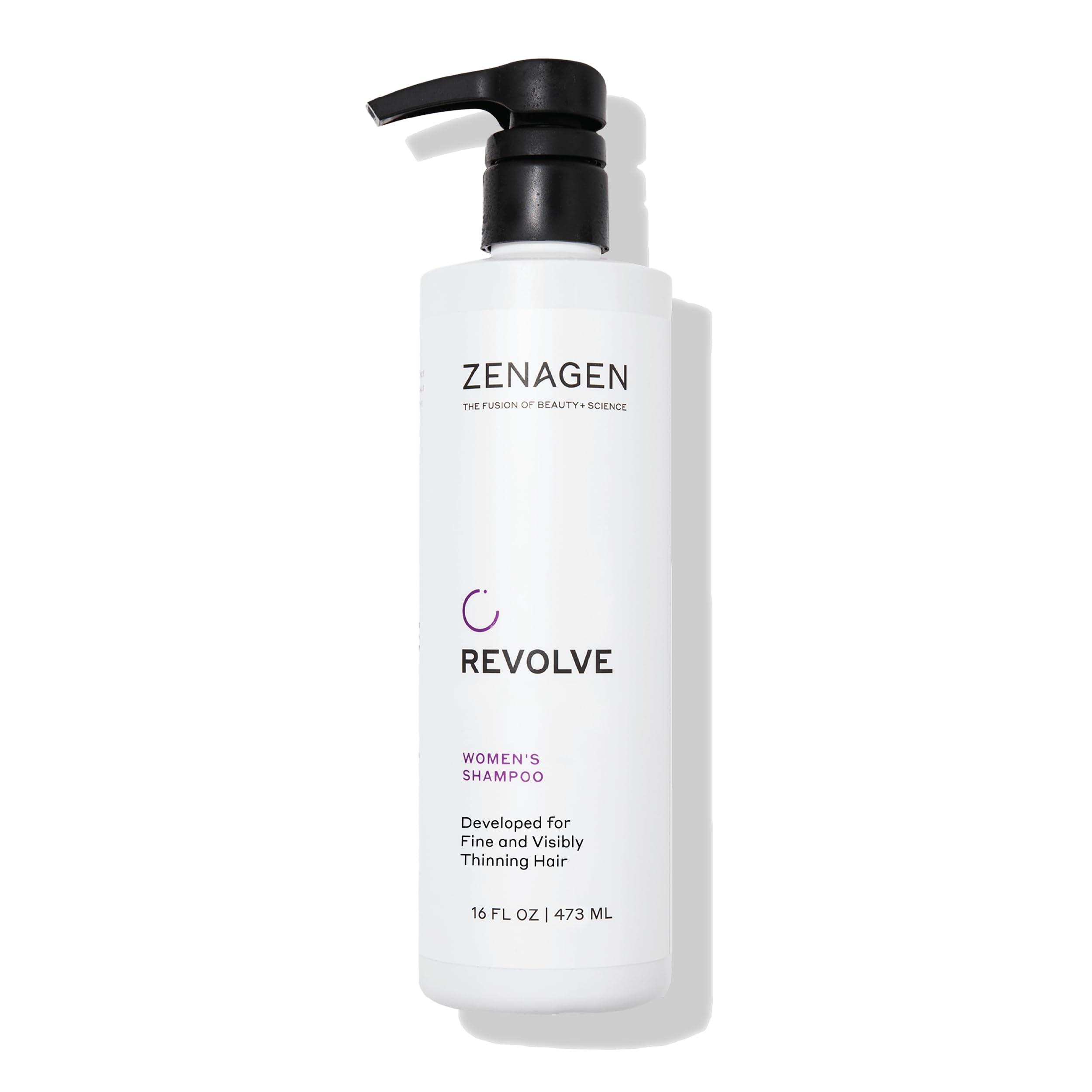 zenagen revolve champú para mujer: botella visible, promueve cabello con aspecto más lleno.