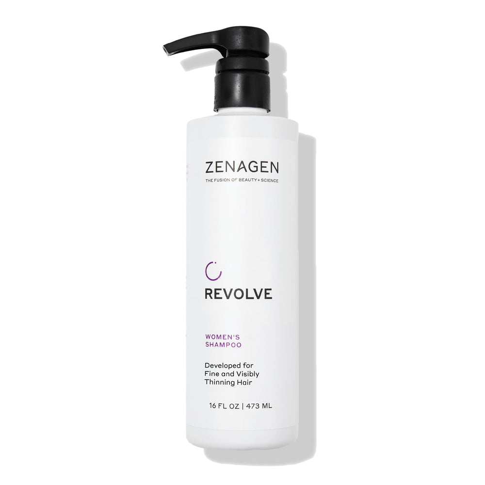 zenagen revolve champú para mujer: botella visible, promueve cabello con aspecto más lleno.
