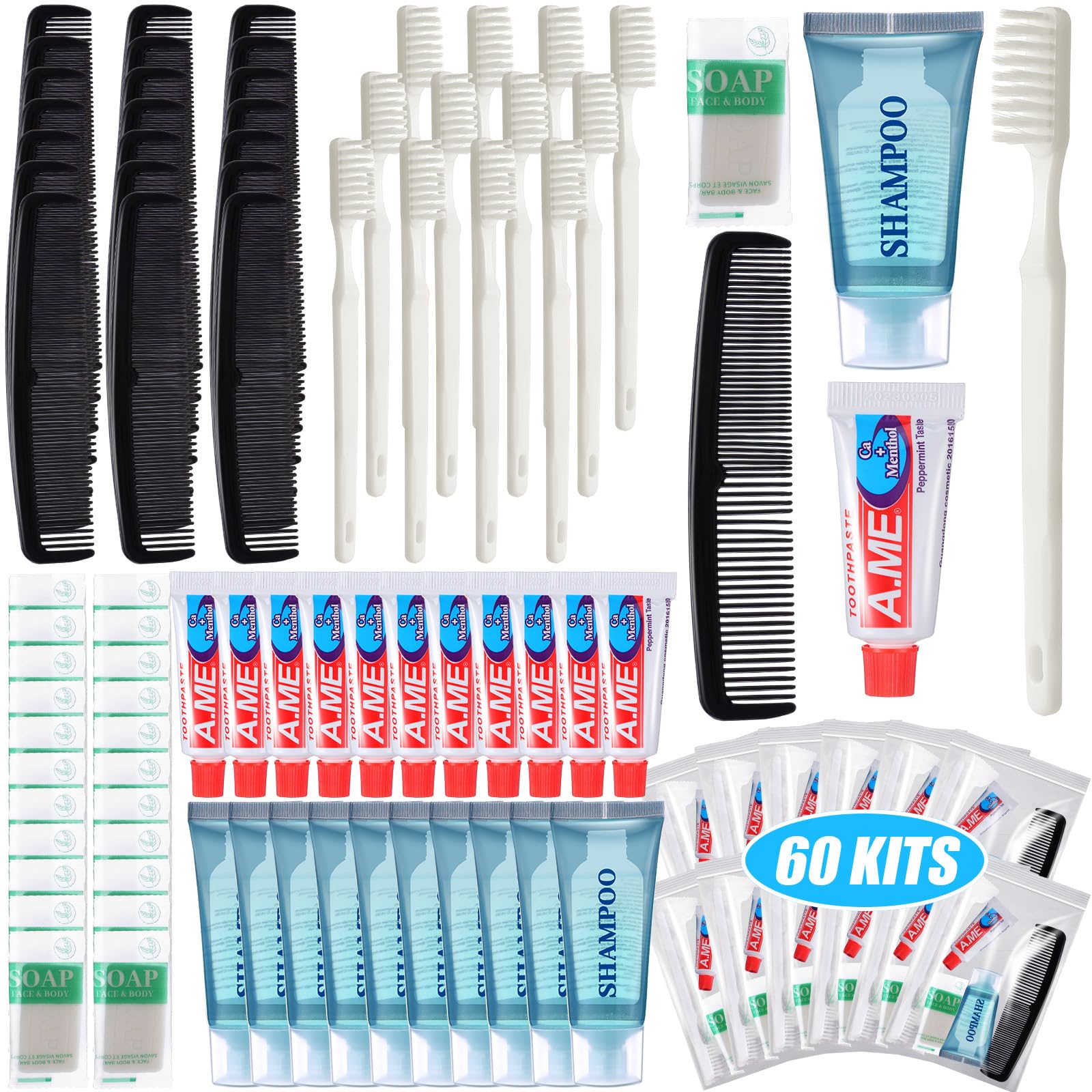 Kit higiene básico Ziliny de 60 unidades en bolsa transparente, ideal para viajes.