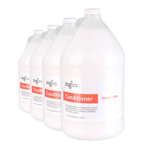 Zogics acondicionador cítrico con aloe, botella de 4 galones, fácil manejo para gimnasios.