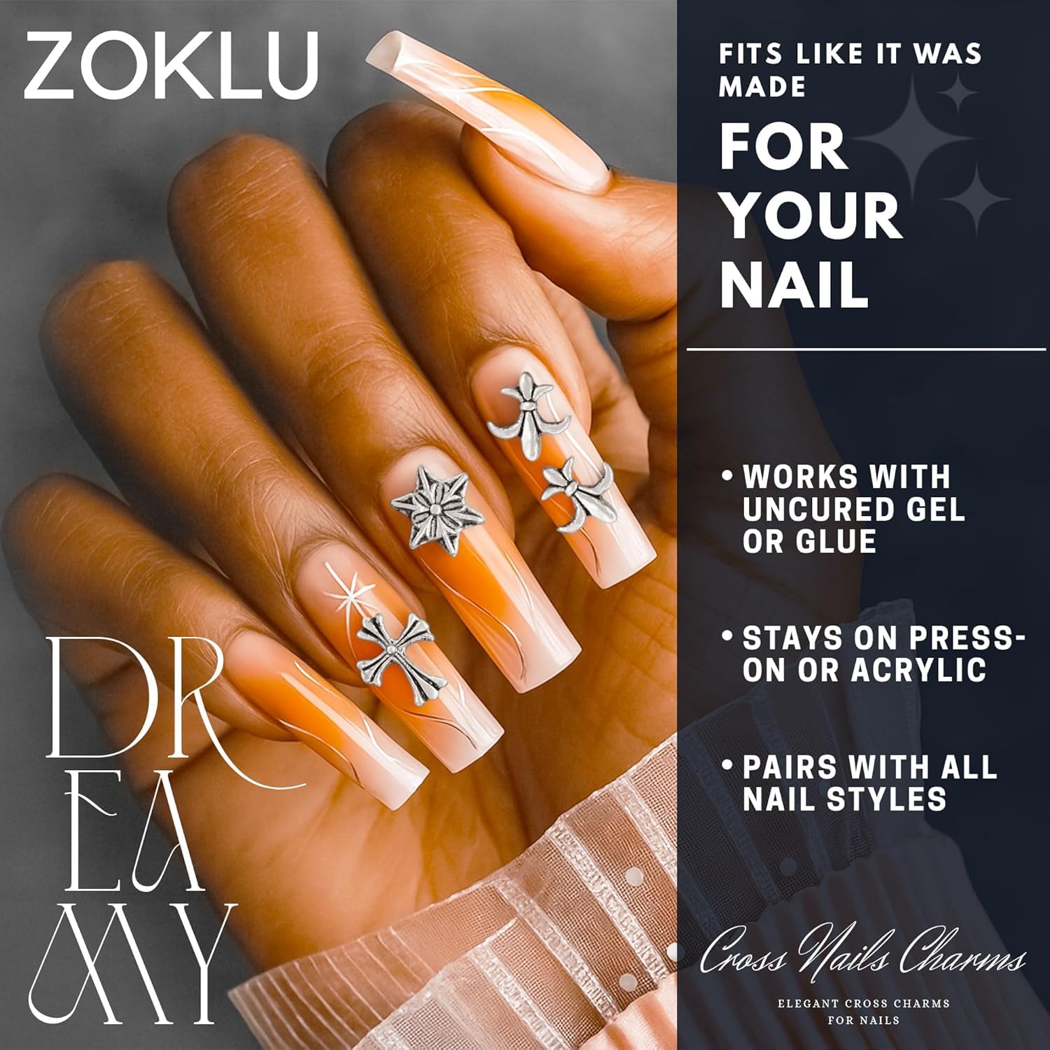 ZOKLU dijes cruz acrilico para arte de uñas, opciones brillantes para combinar.