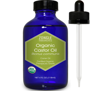 Zongle Therapeutics Aceite de Ricino en botella de vidrio para uso diario.